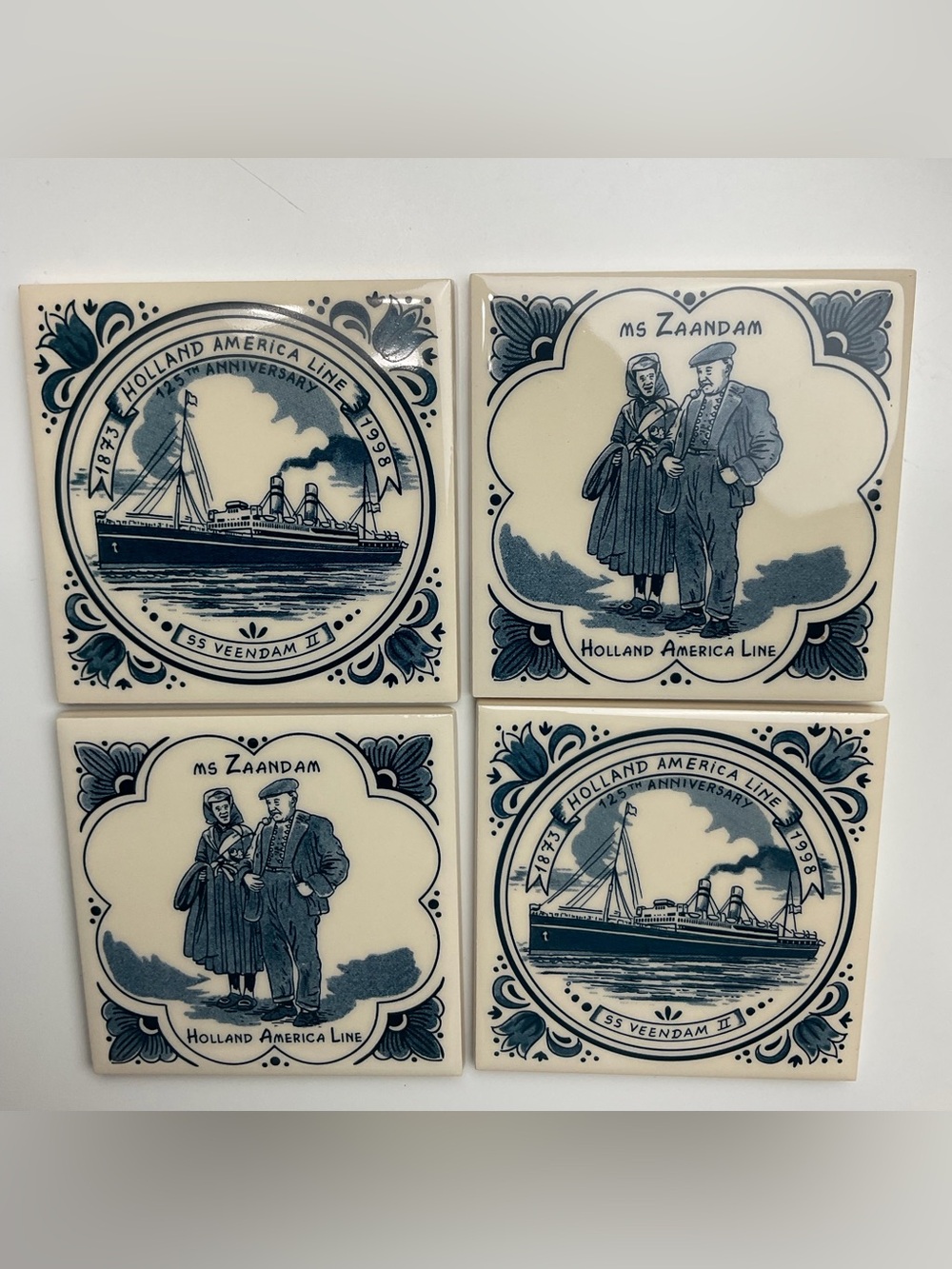 Vintage Holland America Line Blue Delft Ceramic Tile Coasters - Set of 4